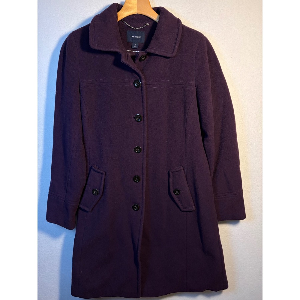 Lands End Wool Coat Women 10 Purple Excellent Cashmere Blend Button Front Mid